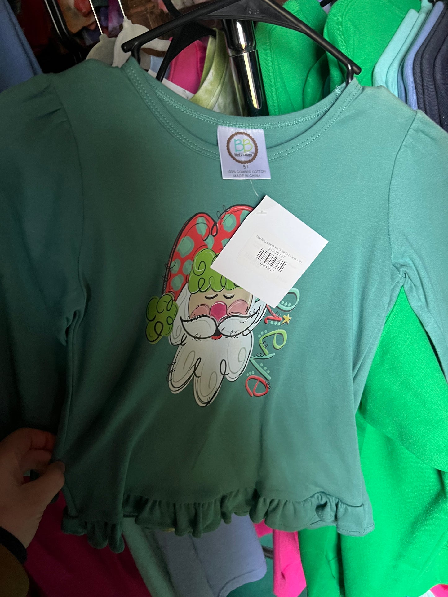 teal long sleeve youth santa believe shirt