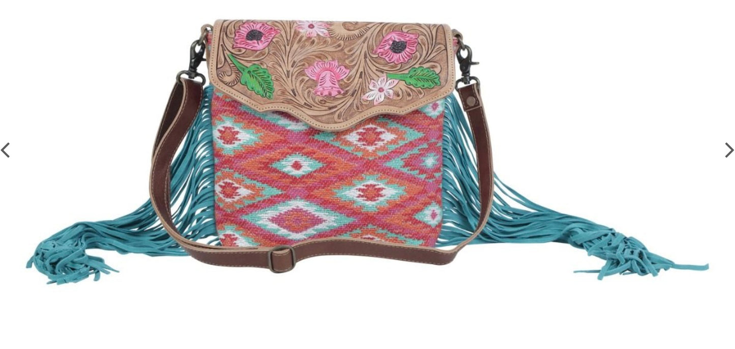 Floral pink hand tooled bag