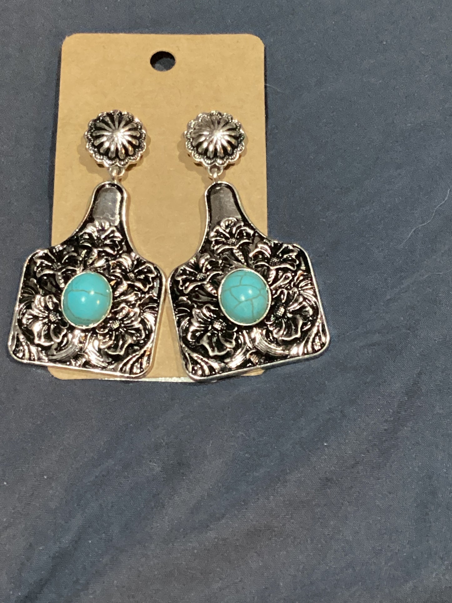 Silver turquoise cow tag