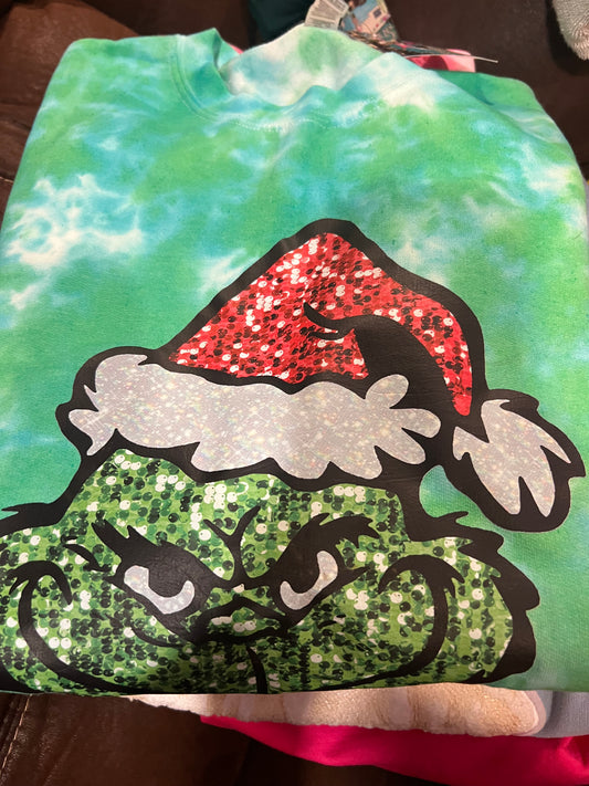 lime green tye dye sweathirt  grinchy man red hat