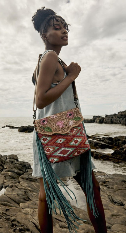Floral pink hand tooled bag